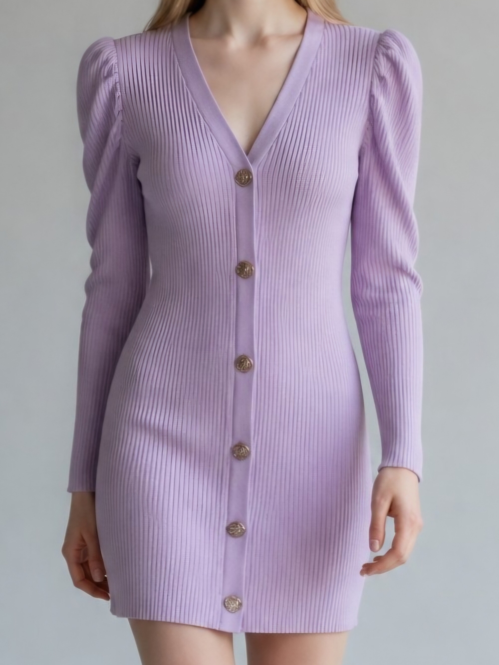 Endless Rose Lavender Ribbed Button-Front Long Sleeve Mini Dress Bodycon